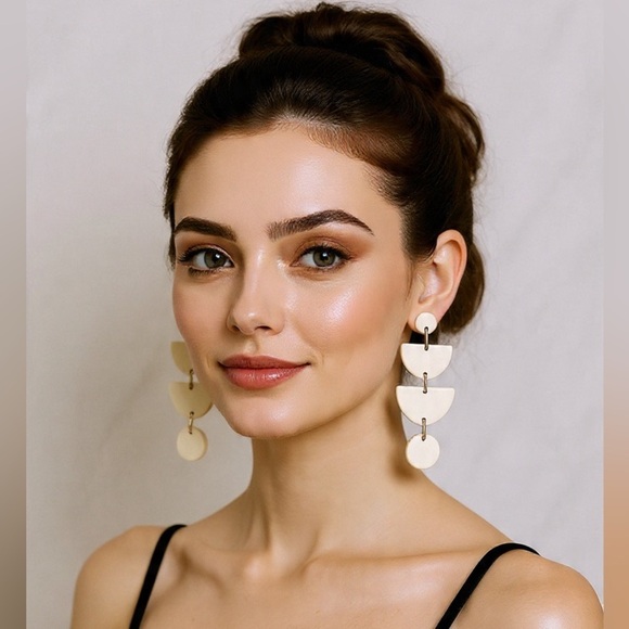 White Geometric Drop Four-Tier Stud - Handmade Boho Earrings - Picture 5 of 5